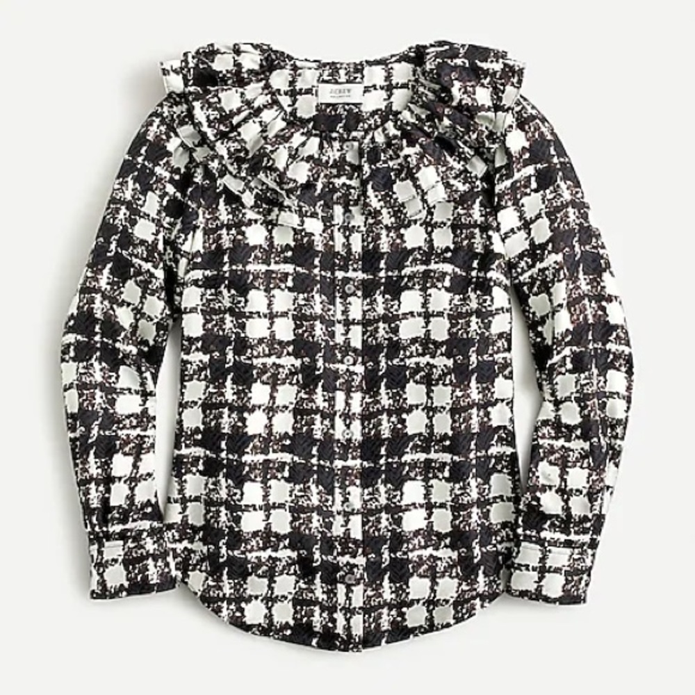 Collection silk twill ruffle-collar top in plaid